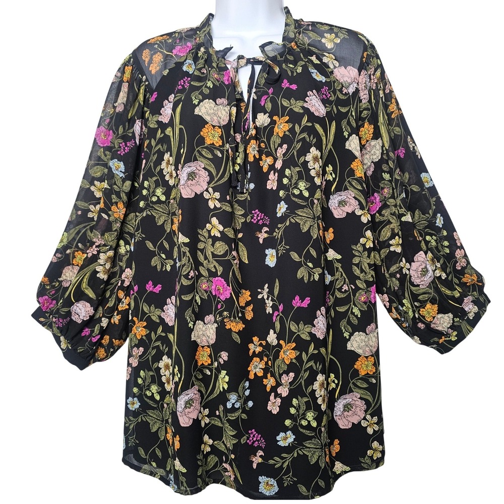 Boho‎ Floral Blouse Tie Neck Peasant Top Black Multicolor Plus 1X Sheer Sleeves